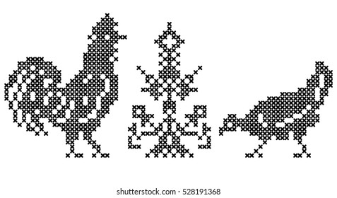 Rooster and hen by the stylized beautiful tree. Black silhouette on the white background. Scheme for cross stitch. Scheme of knitting and embroidery. Vector.