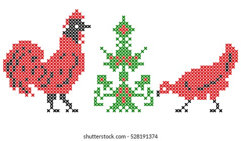Rooster and hen by the stylized beautiful tree. Colored silhouette on the white background. Scheme for cross stitch. Scheme of knitting and embroidery. Vector.