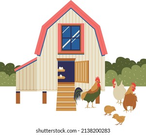 Rooster, hen, chick farm house vector