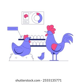 Rooster, Hen, And Chick In Flat Vector Illustration Symbolizing Poultry Farming, Egg Production, And Livestock Management, Isolated On White Background