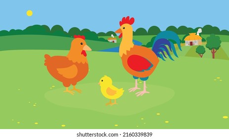 Rooster, hen and chick in the garden
