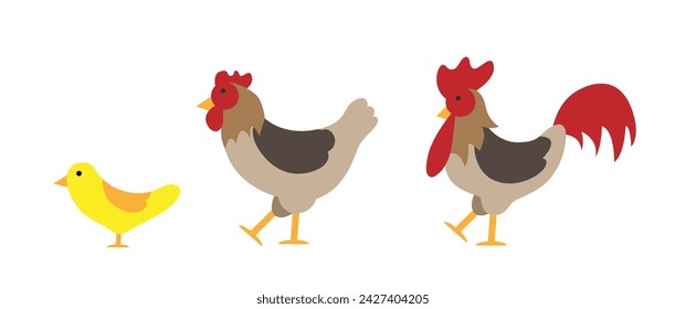 Gallina Gallo y Pollo Estilo Plano. Naturaleza y animales domésticos concepto vector