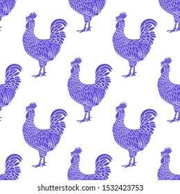 Rooster. Hen or chicken hand drawn with contour lines on white background. Elegant monochrome drawing of domestic farm poultry bird. illustration in vintage woodcut, engraving or etching style. Vector