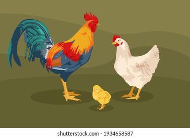 Rooster with hen and chicken isolated on nature background. Cute farm birds family flat design cartoon style vector illustration. farm concept. Funny birds chicken family.