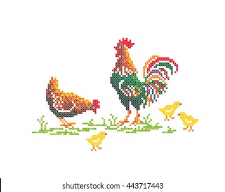 Rooster and hen with chicks. Cross stitch. Vector element embroidery.