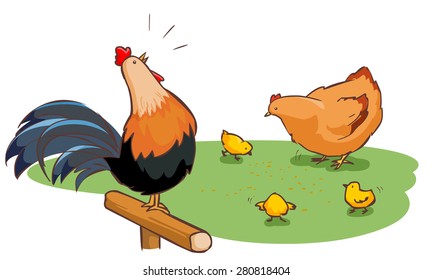 rooster hen and chicks family on backyard vector illustration