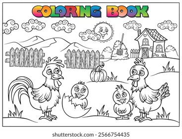 Rooster, hen and chicks in a farm scene with a smiling sun, a pumpkin, hay, a wooden fence and a house, ready to be colored.