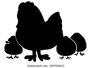 Rooster or hen with chicks icon, cock black silhouette isolated on white background. Vector stock illustration, baby chickens