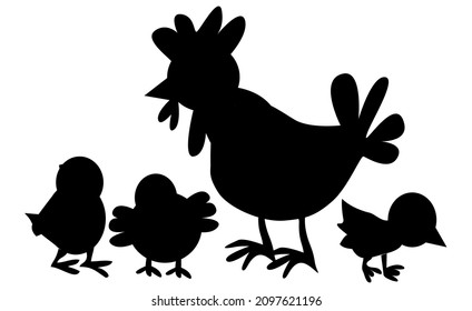 Rooster or hen with chicks icon, cock black silhouette isolated on white background. Vector stock illustration, baby chickens