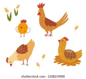 Rooster, hen and chicks. Various cute chickens flat icon set. Funny domestic birds, farm and poultry concept. Cartoon hens and roosters. Vector cartoon illustration collection.