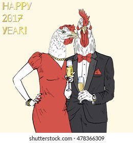 rooster and hen couple dressed up in party style with champagne, Merry Christmas and Happy New Year design