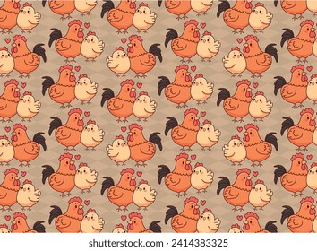 rooster and hen couple, illustration pattern, vector, for fabrics, backgrounds