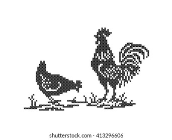 Rooster and hen. Cross stitch. Scheme of knitting and embroidery. Vector.