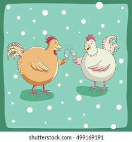 Rooster and hen drinking champagne