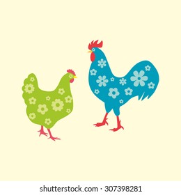 Rooster and hen, farm animals, 2d vector, eps 8