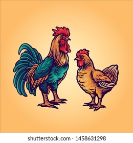 rooster and hen illustration design