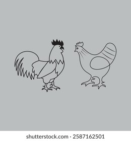 Rooster and Hen Illustration Hand-Drawn
