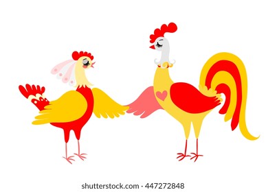 Rooster and hen isolated on white background. Vector illustration.