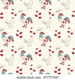 Rooster, hen. Love. Background, wallpaper, texture on Valentine's Day. Seamless