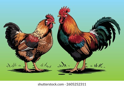 Rooster and Hen Picture. Vector Illustration or Icon