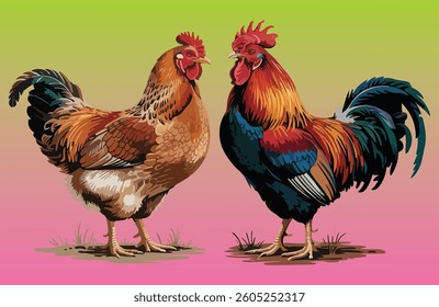 Rooster and Hen Picture. Vector Illustration or Icon