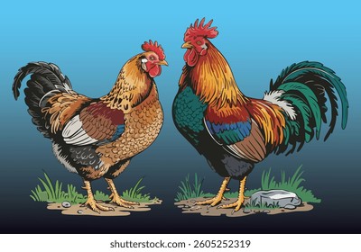 Rooster and Hen Picture. Vector Illustration or Icon