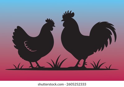 Rooster and Hen Picture. Vector Illustration or Icon