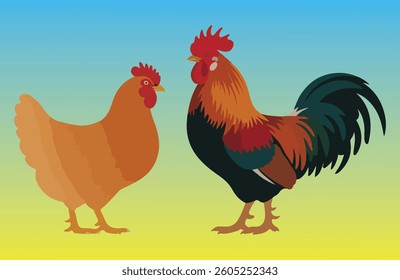 Rooster and Hen Picture. Vector Illustration or Icon