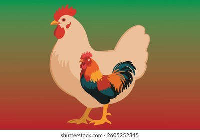 Rooster and Hen Picture. Vector Illustration or Icon