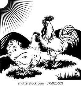 Rooster and hen, scratching in a meadow.