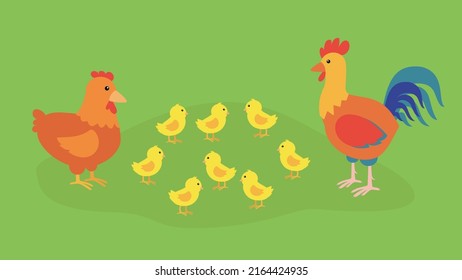 Rooster, hen and seven chicks