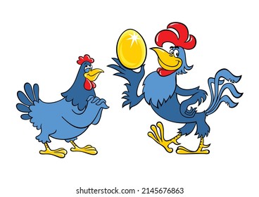 The rooster and the hen show the golden egg. Rooster and hen drawn in cartoon style. Vector image of a cockerel and a hen.