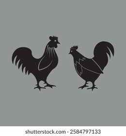 Rooster and Hen Silhouette Design