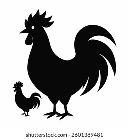 Rooster hen Silhouette on white background
