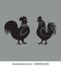 Rooster and Hen Silhouettes Design