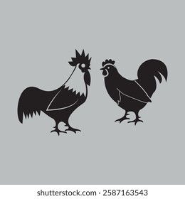 Rooster and Hen Silhouettes Hand-Drawn Art 