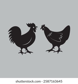 Rooster and Hen Silhouettes Hand-Drawn Art 