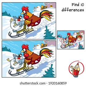 Rooster and hen sledding down a hill. Find 10 differences. Educational game for children. Cartoon vector illustration