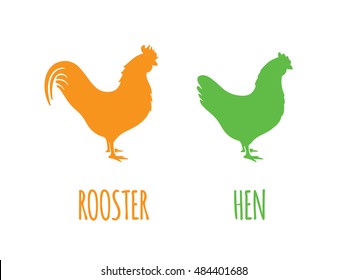 Rooster & hen vector icons, isolated on white background. Rooster & hen silhouette drawings. Poultry design elements. Farming icons set.