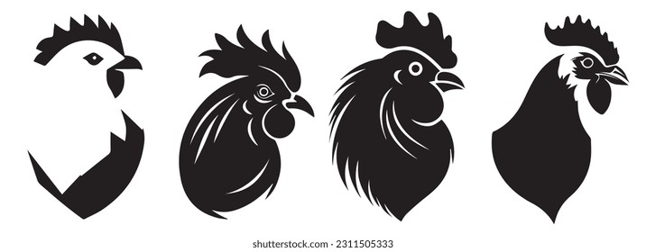 Ilustración de silueta vectorial de gallos y gallinas