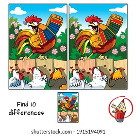 Rooster and hens. Find 10 differences. Educational game for children. Cartoon vector illustration