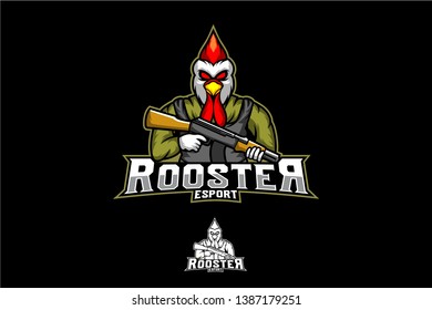 Rooster hold assault rifle vector, shooter logo team