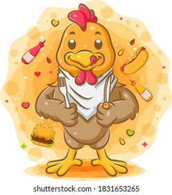 Rooster holding knife and fork  of illustration