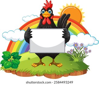 Rooster holding sign with rainbow and sun background