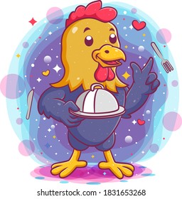 Rooster holding silver platter of illustration
