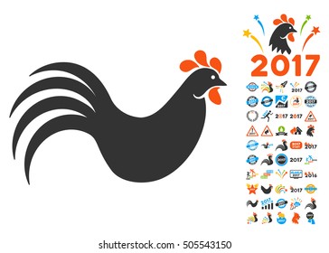 Rooster icon with bonus 2017 new year graphic icons. Vector illustration style is flat iconic symbols,modern colors.