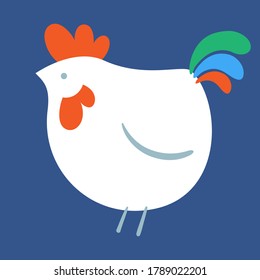 Rooster icon. In cartoon, flat style. Isolated on classic blue background. Vector illustration.