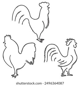 rooster icon set, brush strokes on white background. Vector illustration.