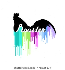 Rooster icon template isolated on abstract multicolor dripping paint. Vector illustration / logo / label / badge