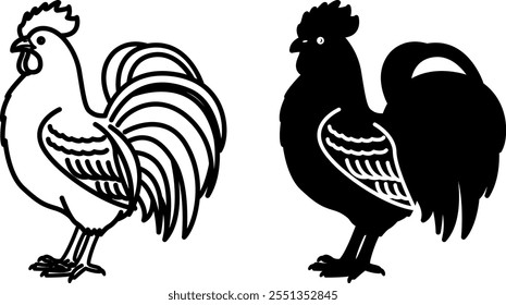 Iconos de gallo. Ilustraciones vectoriales blancas y negras. Ave. Agricultura, agricultura. Para el diseño de libros para colorear. Concepto de animales domésticos